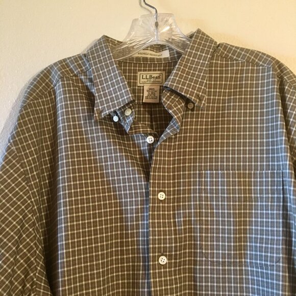 LL Bean Long Sleeve Button Down Shirt Plaid Shirt Green White Brown Size XL - Picture 2 of 6